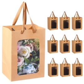 Bacane Bolsas de Papel para Regalos con Ventana Transparente, 18x13x25CM Bolsas de la Compra Kraft con Asas para Regalos, Fiestas Festivales (Marrón, 1 unidad (paquete de 10))