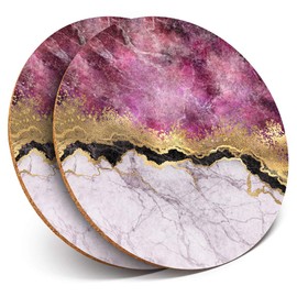 2 x Round Coasters - Pink & Grey Marble Effect Glossy Drink Coaster Set Art Deco Ink Art 24015