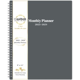 2025-2029 Monthly Planner/Calendar - Jan 2025 - Dec 2029, 5 Year Monthly Planner with Tabs & Celebrity Quotes, 9" x 11", Famous Quotes, Two-Side Pocket, Suitable for Long-Term Planning, Grey