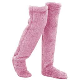 Colaren Knee High Fluffy Socks for Women, Soft Long Fluffy Socks Winter Home Sleeping Socks, Footbed with Opening(Pink)