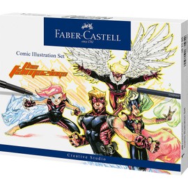 Faber-Castell 167195 Pitt Artist Pen Comic Illustration Set, 3 Ink Pens, 3 Watercolour Pencils and Accessories, 15 Pieces