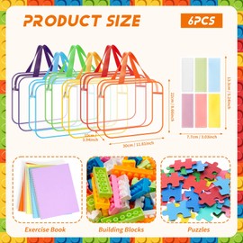 Yocdunm 6 Pack Zipper Toy Storage Bags with Handles 11.8x8.6x3.9 Inch Toy Storage Bags Waterproof PVC Clear Transparent Organizer with sticker for Building Blocks,Books,Puzzle,Cosmetics (6 Colors)