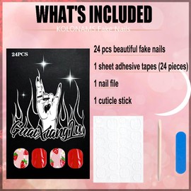 KOLONAMS Square Press on Nails Short 24Pcs Flower Fake Nails with Strawberry Design Red False Nails Cute Press on Nail Glossy Full Cover Stick on Nails for Women Girl Spring Summer Nail Art Decoration