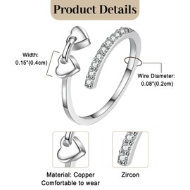 JewelryWe Damen Ring mit Herz und Zirkonia: Vergoldet Damenring Verstellbar Offen Fingerring mit Zwei Silbernen Herzen Stapelbare Statement Ringe - Geschenk für Frau Freundin Tochter