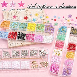 editTime 3D Colorful Flower Nail Art Charms, White Pink Acrylic Cherry Blossom Spring Petal Metal Gold Silver Round Caviar Beads Studs Pearl Rhinestones for Manicure Craft DIY (17-K5-mixed 2)