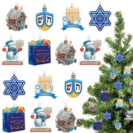 Maitys 24 Pcs Hanukkah Tree Ornaments Decorations Happy Chanukah Jewish Wooden Hexagram Menorah Dreidel Snowman Gingerbread House Blue White Hanging Ornaments for Holiday Party Xmas Tree Decor Gift