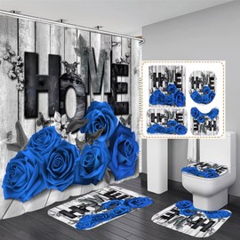 Yddsky Blue Rose 4 Pcs Shower Curtain Sets Non-Slip Rugs Bath Mat Toilet Cover U Shaped Mat Black Blue Shower Curtain with 12 Hooks Red Rose Valentine's Day Bathroom Set