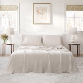 L Linen World Queen Size Linen Sheet Set – 4Pcs Solid Color 100% Natural Flax Bedding Sheets, Soft & Breathable, 16" Deep Pocket, All-Season Comfort (Natural Linen)