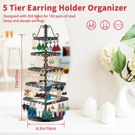 MODOWEY 5 Tiers Metal Rotating Earring Holder Organizer, Exquisite Jewelry Display Stand Necklace Rack Holder, 220 Holes for Earrings- 14x6.3 Inch (Square, Black)