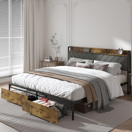 Wancla King Bed Frame with Storage Headboard, Platform Bed with Drawers and Charging Station, No Box Spring Needed, Easy Assembly