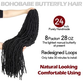 24 Inch Light Weight Butterfly Locs Crochet Hair 8 Packs Long Black Distressed Butterfly Faux Locs Crochet Hair, 1#