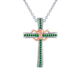 Dabangjewels Round Cut Green Emerald Double Heart Cross Pendant Necklace 14k Rose & White Gold Over.925 Sterling Silver for Womens.