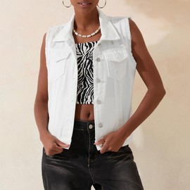 SANSIWU Womens Vintage Washed Denim Vest Solid Color Sleeveless Lapel Button Down Jean Waistcoat Lightweight Cardigan Jacket Tank Tops (White A, XXL)
