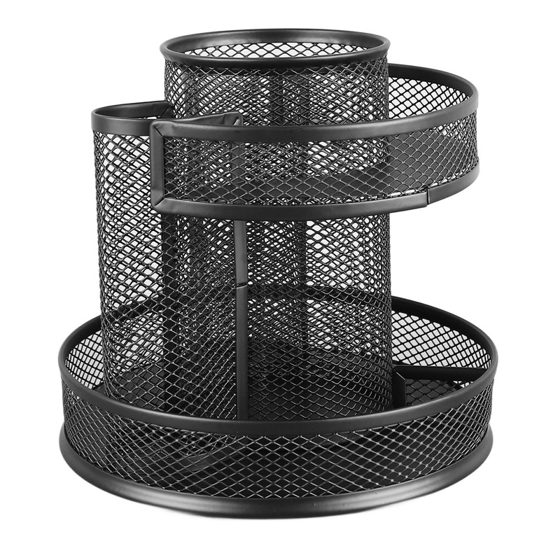 Rotating Pen Holder Black Mesh 7 Compartments Strong Metal Rotating