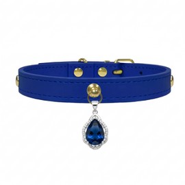 Faux Leather Pet Collar for Small Dogs & Cats - Adjustable Puppy & Kitten Collar with Gold Heart Crystal Charm, Pet Collar, Fashion Accessory Gift (Sapphire Blue, Average（Neck Girth 8.5"–13.5"）)