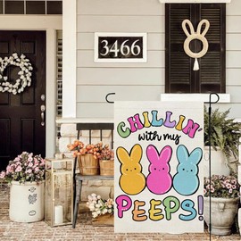 CROWNED BEAUTY Easter Bunny Peeps Garden Flag 12x18 Inch Double Sided for Outside Small Burlap Holiday Yard Decoration CF1730-12