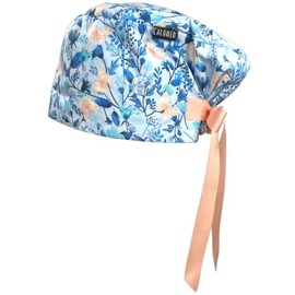 CALOMED Scrub Cap for Women and Men, Euro Style Scrub Caps, with Ribbon Ties & Buttons, Long or Short Hair (Pink Butterflies on Floral Blue)