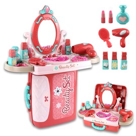OLEOCA Kids Vanity Set — 3 in 1 Suitcase, Table & Vanity Mirror Playset with Pretend Makeup, Accessories for Role Play, Travel & Gifts for Girls Ages 3+