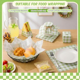 100 Pcs Green Checkered Wax Paper Sheets for Food Wrapping