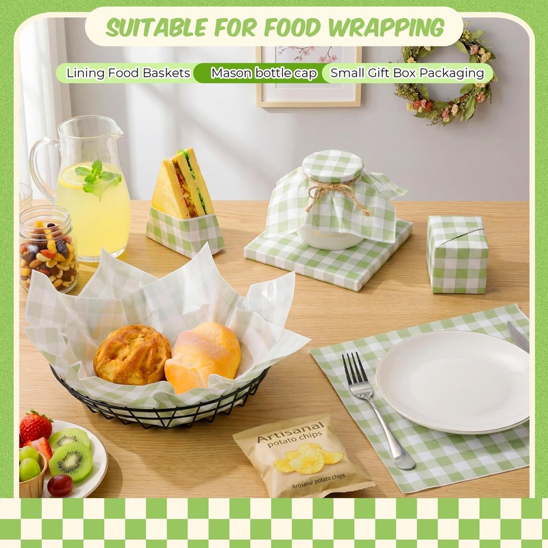 100 Pcs Green Checkered Wax Paper Sheets for Food Wrapping
