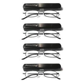 EYE ZOOM 4 Pack Slim Thin Portable Reading Glasses with Pocket Case for Men Women, Black, +1.25