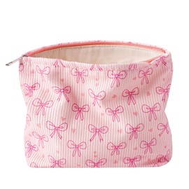Cute Soft Corduroy Zipper Makeup Bag for Purse, Coquette Aesthetic Pouch with Pinkbow Pattern for Women Girls, Brushes Storage Travel Cosmetic Bags(05PinkBow)