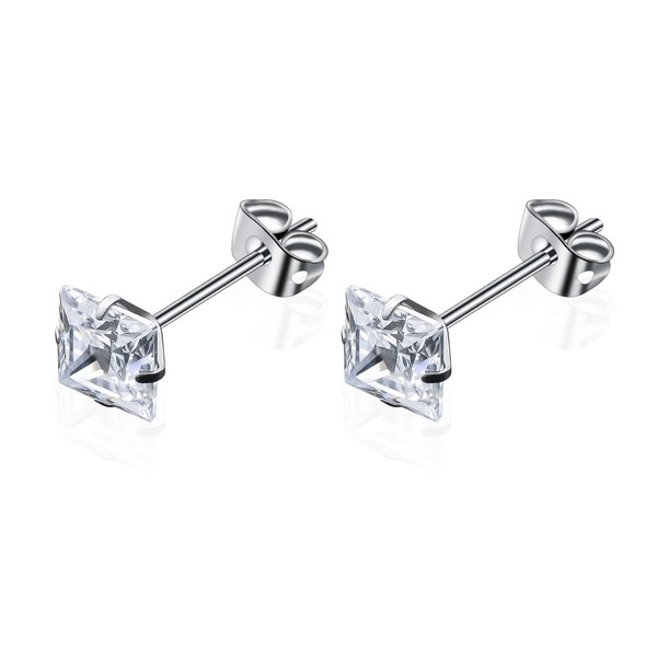 G23 Titanium Cubic Zirconia Stud Earrings CZ Square Cut Simulated