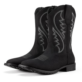 Rollda Cowboy Boots for Men Western Boots Men's Square Toe Chunky Heel Mid-Calf Boots Classic Embroidered Pull On Boots Black Size 10.5