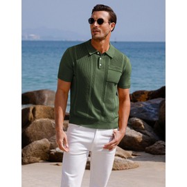 GRACE KARIN Men's Vintage Knit Polo Shirts Short Sleeve Stylish Button Down Polo Pullover Sweater Army Green L