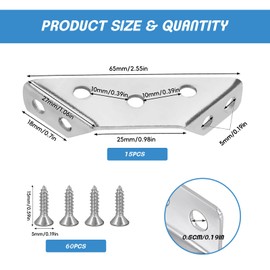 Triangle Angle Brackets - 15 PCS Stainless Steel Corner Brackets with 60 Screws, Universal Furniture Corner Connectors, Silver Furniture Angle Fastener Corner Support Bracket for Table Chair Cabinet