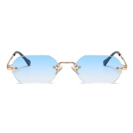 qinqilanqi-S Frameless Sunglasses for Men and Women, Retro Metal Sunglasses, Small Edge Polygonal Hexagonal Sunglasses, Gold/Gradient Blue