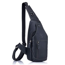 Leather Men's Sling Bag Shoulder Backpack Shoulder Bag Chest Bag Water Resistant Tote Bag Messenger Bag for Hiking Work School Business Cycling Travel (Black)