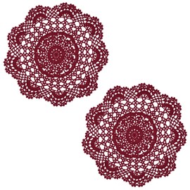 BIBITIME 2PCS 13 inches to 14 inches Cotton Crochet Doilies Kitchen Placemats Round Handmade Knitted Flower Cup Mug Mats Doily Wine Red Coasters