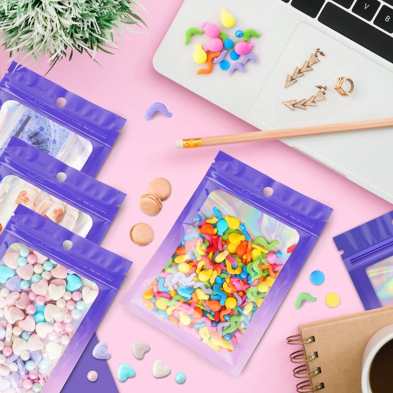 100 bolsas transparentes holográficas degradadas (3.1 x 5.1 pulgadas, morado