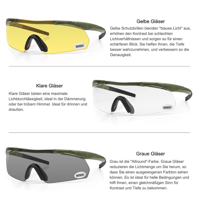 Feyachi Shooting Glasses with 3 Interchangeable Lenses, Safety Goggles Impact-Resistant