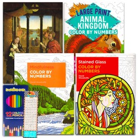 Color by Number Coloring Book Set - Bundle of 4 Anti-Stress, Mindfulness Art Books Plus Colored Pencils and Bookmark | Advanced Coloring for Adults