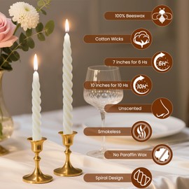 AGLARY 16PCS 7-Inch Pure Beeswax Spiral Taper Candles, Twisted Stick Candles, Dripless & Unscented for Weddings, Christmas, Dinner, Meditation - White