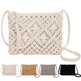 Peicees Bohemian Crossbody Bag Purse For Women Shoulder Bag Woven Crochet Purse For Summer Beach Travel Clutch Handbag, White