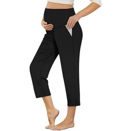 LOKTENPIE Maternity Activewear Capri Stretchy Pregnancy Lounge Pants Loose Casual Pajama Bottoms with Pockets(Black,XL)