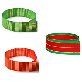 USA | American Made 7/8" Christmas Striped Grosgrain Ribbon #2 Combo Pack - 27 Yards - 3 Rolls (Emerald Green, Red, and Gold Tinsel Patterns)
