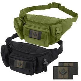 Rouinek Tactical Fanny Pack Military Waist Bag Pack Utility Hip Belt Pack Bag for Hiking Climbing Bumbag Fishing with C.A Patch (2 Pack Black+Green)
