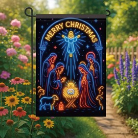 Saoplasa Christmas Garden Flag Nativity Scene Flag 12x18 Inch Double Sided Outdoor Holiday Yard Banner Neon Manger Jesus Mary Joseph Holy Family Religious Porch Lawn Decor (Without Lights)