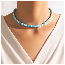 Inilbran Boho Heishi Surf Choker Necklace Heishi Bead Choker Necklace Vinyl Disc Bead Necklace Chain Vinyl Bead Collar Necklace Chain Jewelry for Women and Girls