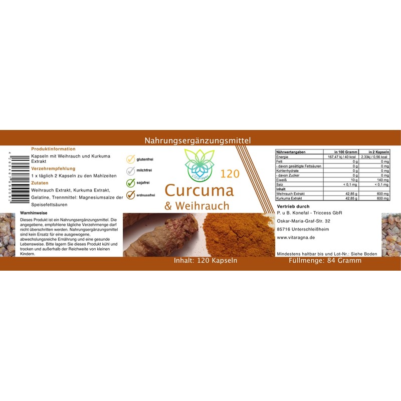 Vita Ragna Turmeric and Frankincense 120 caps Quality Product with Turmeric