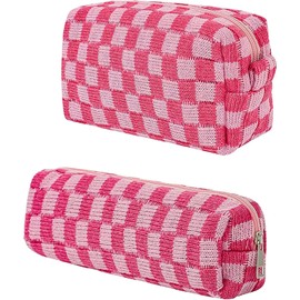 2Pcs Checkered Makeup Bag Knitted Cosmetic Bag,Large Capacity Makeup Bag and 1Pc Pencil Case Makeup Brush Storage Bag Knitted Toiletry Bag,Knitted Pencil Pen Case Storage Bag Large Knitted Purse,Pink