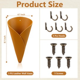 3 Pack PU Leather Wall Vase Holder Yellow Hanging Vase with 5 Hook for Dry Flowers Plants Indoor Modern Decor Farmhouse Kitchen Living Room Bedroom (No Flowers)