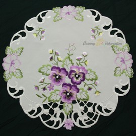 Quinnyshop Purple Pansy Embroidery Tablecloth 40 cm Round Polyester,White