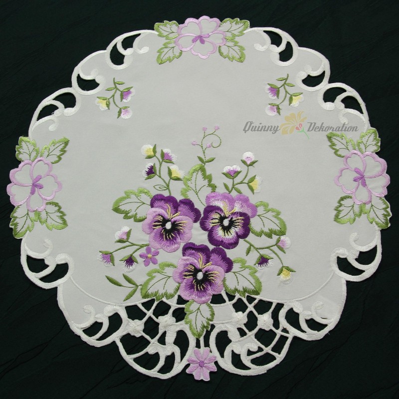 Quinnyshop Purple Pansy Embroidery Tablecloth 40 cm Round Polyester,White