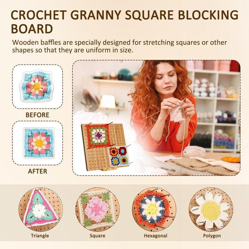 GMHLLES 7.7" Crochet Blocking Board, Wooden Blocking Board with 20