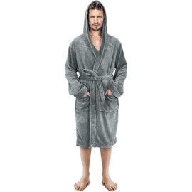 NY Threads Luxury Men’s Hooded Dressing Gown | Super Soft Fleece Men Bath Robe | Cozy Hooded Plush Loungewear and Nightwear (Large, Steel Grey)